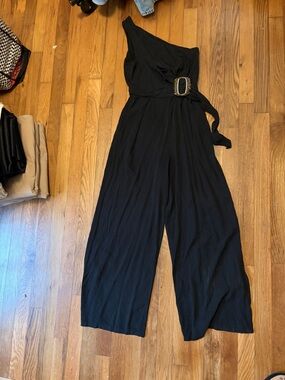 MINKPINK Black One-Shoulder Wide-Leg Jumpsuit with Buckle Detail